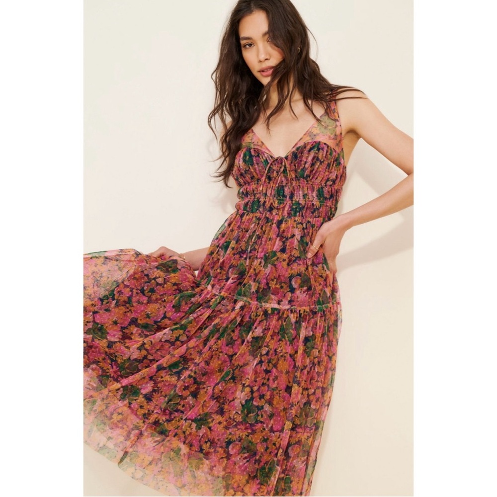 Anthropologie Pink Floral Tiered Maxi Dress